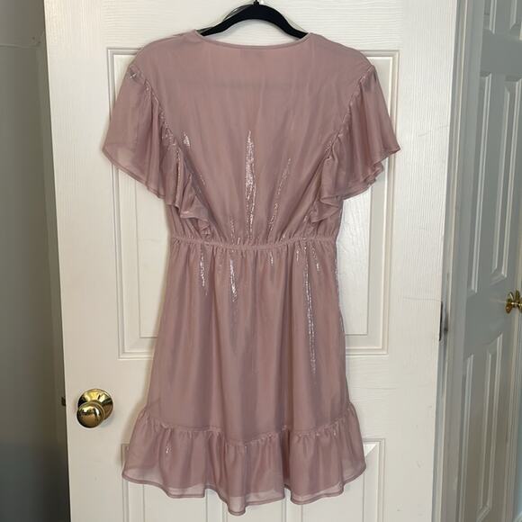 Andrée By Unit Shimmer Medium Dress Faux Wrap Fairy Sleeve Pink Tie at Waist - Picture 3 of 8